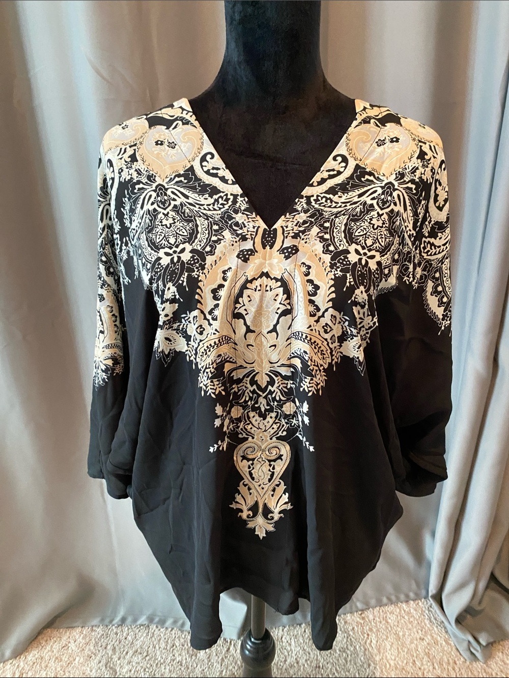 Rose & Olive Black V-Neck Tunic with Cream Ornamental Print